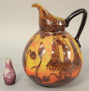 Two cameo art glass pieces to include small Charles Vessier bud vase, ht. 3 1/2", signed 'C. Vessier Nancy' on the side and a cameo art glass pitcher 
