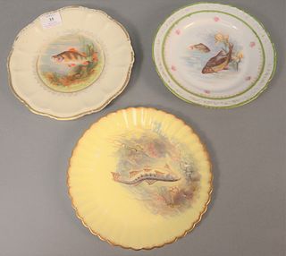 Three sets of hand-painted fish plates to include eight with green border, twelve yellow English plates along with ten having gilt borders, dia. 8 1/2
