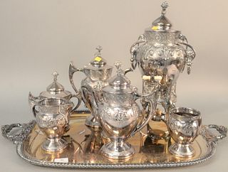 Reed & Barton seven-piece silver plated tea set along with a large tray, lg. 30".