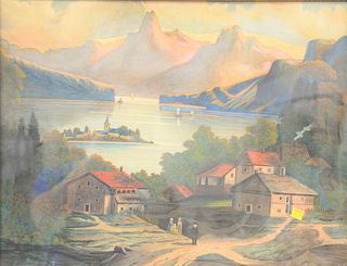 B. Potts watercolor, primitive landscape, signed lower left 'B. Potts 1876', 19" x 25".