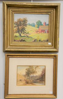 Four framed pieces to include 19th C. English watercolor with cows, 5 1/2" x 8", Harriet L. Laird oil on artist board, 14" x 18 1/2", Mildred Orr oil 