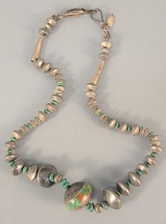 Native American silver coin necklace having hardstone beads, lg. 29", 1889 - 1941 coins, mostly American,