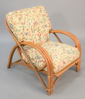 Mid-Century bamboo bentwood armchair with upholstered cushions.