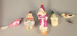 Group of glass Christmas ornaments to include birds, frog, Santa.