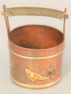 Japanese multi-metal match bucket, bronze, copper and gold with striker handle, ht. 2 1/2".