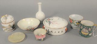 Tray lot of Chinese porcelain to include cups, two covered containers, and vase. ht. 5 1/4".