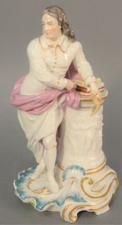 Chelsea porcelain figure of man at a pedestal, marked with red anchor mark, hand and letter repaired, ht. 11 3/4".
