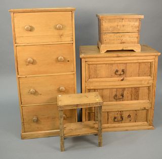 Four-piece pine lot to include two chests, largest ht. 54 1/2", wd. 25", stand and small box.