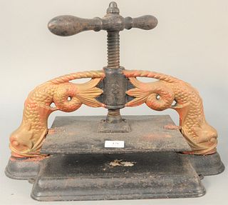 Large Victorian iron book press with dolphin supports, lg. 20".