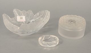 Three Rene Lalique glass pieces, "Dahlia" powder box, small salt and a leaf, lg. 8", bowl or dish all signed Lalique, ht. 2 1/2", dia. 4 1/2". Provena