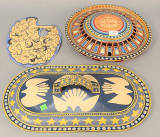 Three Rex Clawson (1929 - 2007) folk art painted metal group, hubcap, dia. 15 1/2", cover with handle, lg. 20" and a lead artist board, 14" x 10", all
