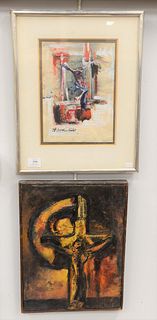 Three contemporary pieces of art to include John Pavovsky oil, knight on horse, signed 'Pacovsky', 21" x 15", Joachim Probst (1913 - 1980) oil on canv