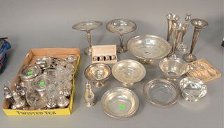 Three tray lots of sterling silver to include weighted compotes, bowls, candlesticks, coaster, etc. along with twelve spoons, pepper shakers, small di