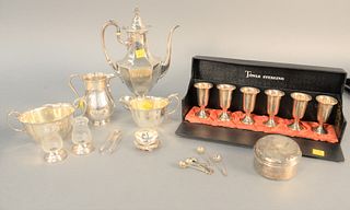 Sterling silver lot to include teapot, two creamers, sugar, round container, six cordials, six salt spoons with note "Handmade in Latakia, Georgia", a