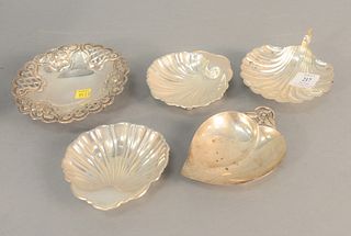Five-piece sterling silver lot to include a Tiffany & Co. heart shaped dish, three shell dishes along with repousse bowl, 15 t.oz. .