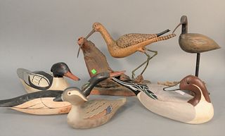Group of six bird and duck decoys, Long-Billed Curlew by Eppie?, Shore Bird on driftwood base, ht. 15" and four duck decoys