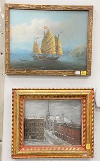 Three framed paintings to include "7th Avenue, Brooklyn", 8" x 10", sketch winter landscape, ship in harbor, unsigned and a beach pavillion landscape 