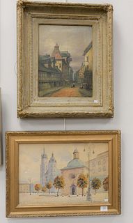 Two framed pieces to include watercolor of church courtyard, 14" x 20" signed lower right 'Ryba Kowski" and an oil on canvas signed 'W.S. Richards 189