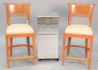 Three piece lot to include pair of maple barstools, ht. 38" along with mirrored side cabinet. Estate of Marilyn Ware Strasburg, PA.
