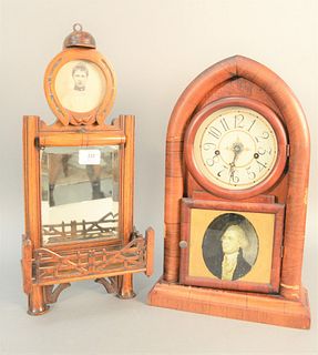 Two-piece group, George Washington mahogany mantle clock, ht. 19", with reverse painted Washington portrait along with an equestrian mirror having car