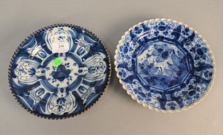 Two Delft plates, blue and white with crimped fluted rim, dia. 9" each.