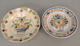 Two Delft plates with basket urn of flowers, dia. 8 1/4" and 8 3/4".