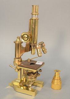Two brass scopes to include Schmalcalder, six draw monocular telescope, Strand, London along with Leitz brass microscope, ht. 12 3/4", SN#50498.