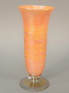 Large Durand vase, orange luster with gold threading on round blue Favrile foot, ht. 10". Provenance: The Estate of Ed Brenner, Short Hills N.J.