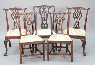 Group of five Chippendale-style dining chairs, two matched, pair of side chairs plus one odd armchair.