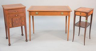 Three-piece lot to include English inlaid occasional table, ht. 28", top 19" x 36" along with two inlaid stands.