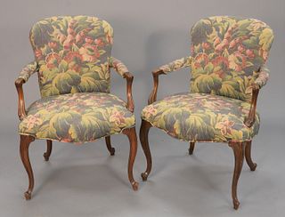Pair of Louis XV-style upholstered armchairs, Regency Decorators tag on bottom, some sun-fading to top of back, ht. 35", wd. 24 1/2".