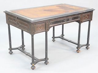 Inlaid aesthetic movement desk having tooled leather top, ht. 29 1/2", top 31" x 51".