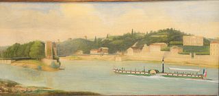 English School, 19th C., steam boat in a river, unsigned, relined, 9 1/2" x 21 1/4".