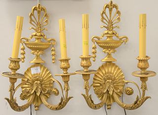 Pair of Caldwell  bronze sconces each having two arms with lights, marked 'Caldwell, New York' on back, (as is), ht. 18", wd. 11".