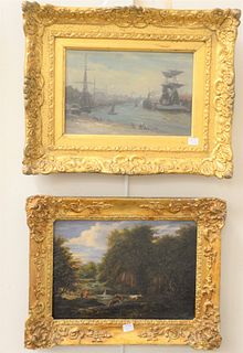 Two framed paintings to include Bucolic oil on board, landscape with fishermen, unsigned, 8 1/4" x 11" along with oil on board of marine ships in harb