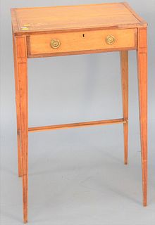 Inlaid writing table having one drawer with pull out having leather writing surface and tapered legs, ht. 30", top 16" x 19".