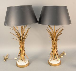 Pair of brass Mid-Century modern wheat form table lamps, ht. 32".