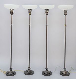 Five contemporary floor lamps with glass shades, four are matching, ht. 68".