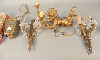 Four light fixtures to include pair of two light sconces, carved putti, lg. 14" having lamp with two lights, small lamp.
