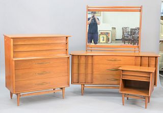 Four-piece Mid-Century bedroom set to include long chest, lg. 64" with mirror, five drawer tall chest along with a nightstand.