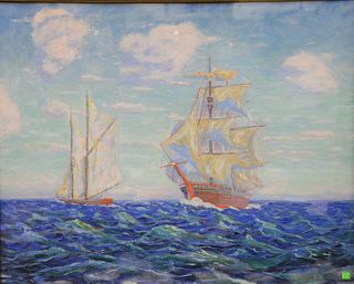 John C. Pierson (20th C.), oil on board, sailing ship with blue sky, two-sided with reverse side having sail ship, signed lower right 'John C. Pierson