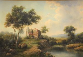 Oil on canvas, Dutch landscape with house and pond., 24" x 36".