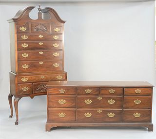Two-piece lot to include Drexel mahogany bonnet top highboy, ht. 85", wd. 40" along with mahogany triple chest, ht. 31", wd. 71"