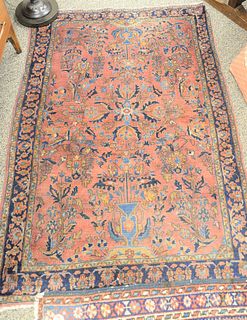 Two rugs to include Sarouk Oriental throw rug and Hamadan, 2' 8" x 4', both worn, 3' 5" x 5'.
