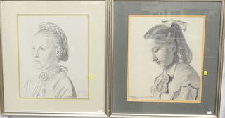 Set of six pencil portrait drawings, 19th C., four of young girls and two of men, one signed illegibly to right oe signed lower right 'Eugene Loether,