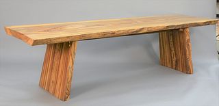 Exotic free-edge wood slab dining table in the manner of George Nakashima, ht. 30", top 31" x 112".