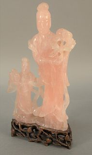 Chinese pink quartz double figure, large Guanyin and small Guanyin in old cloth box, figure ht. 11 1/2".
