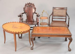 Seven piece lot to include two coffee tables, Chinese two-tier stand, ht. 29", top 15 1/2" x 15 1/2", two armchairs, tray top kidney-shaped table alon