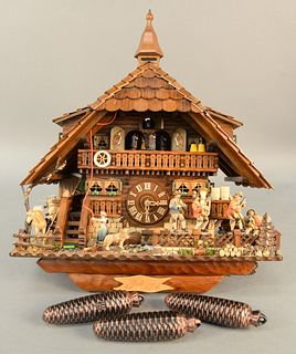 Black Forest-style German cuckoo clock, three weights, figures, ht. 22", wd. 18 1/2".