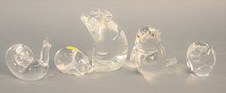 Five Steuben crystal figures to include owl, pig, snail, large pig, ht. 4 1/2" and a squirrel.